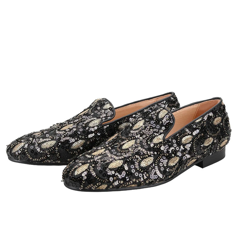 Mens smoking slippers handmade with leather insoles and gold and black glitter beads