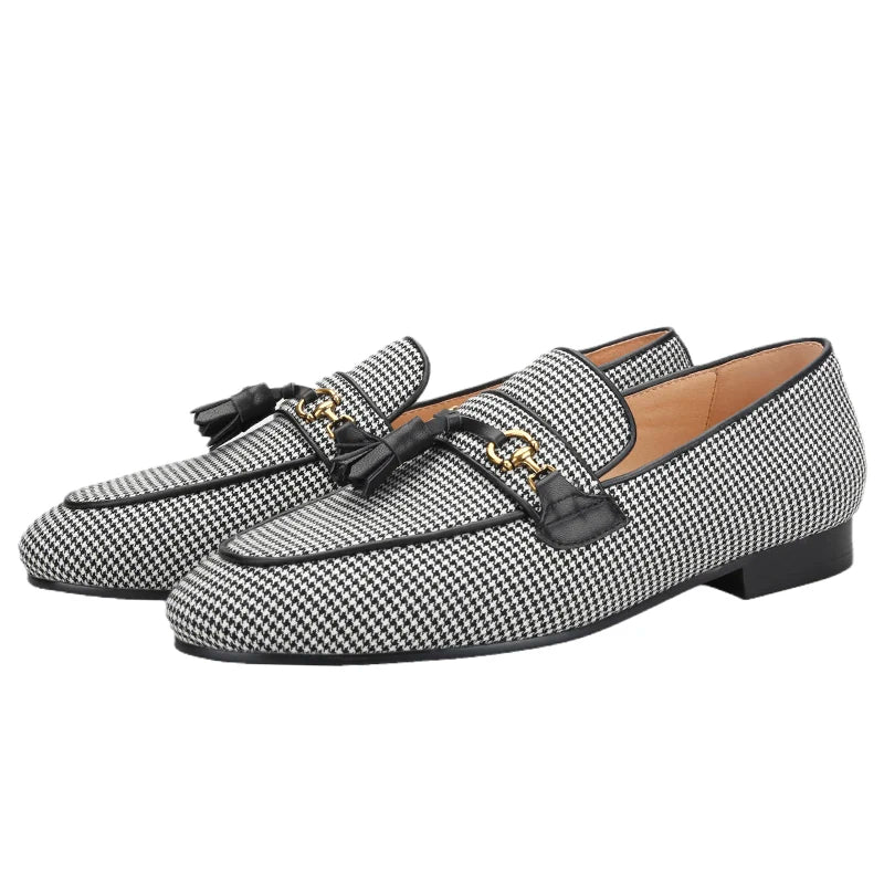 Piergitar 2023 Black And White Wool Houndstooth Slippers With Metal Horsebits Leather Tassels Men's Loafers Handmade Moccasins