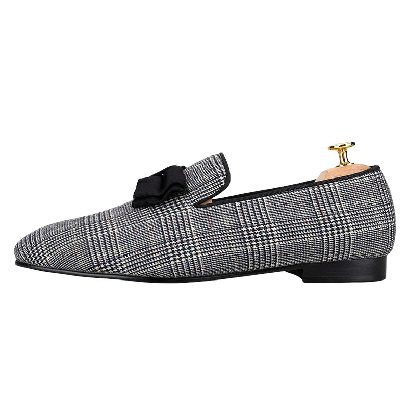 Piergitar 2024 Gray Color Gingham Printing Smoking Slippers Handmade Black Bow Tie Slip-On Loafers Men's Casual Shoes Plus Size
