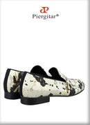 Piergitar Gold Color Ink Embossed Silk Men's Loafers Slip-On Model Handmade Moccasins For Wedding Breathable Leather Insole