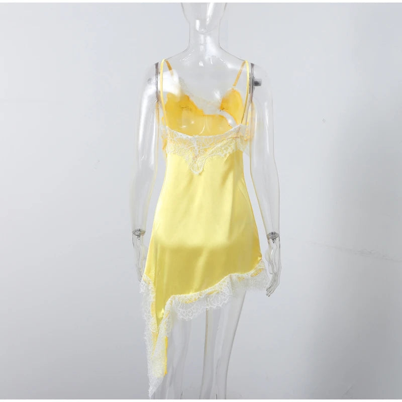 Sexy Sling Dress Women V Neck Hollow Out Backless Patchwork Lace