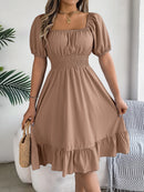 2024 New Fashion Solid Puff Sleeve Square Neck Ruched Bust Ruffle Hem Wasit Dress, Women's Clothing