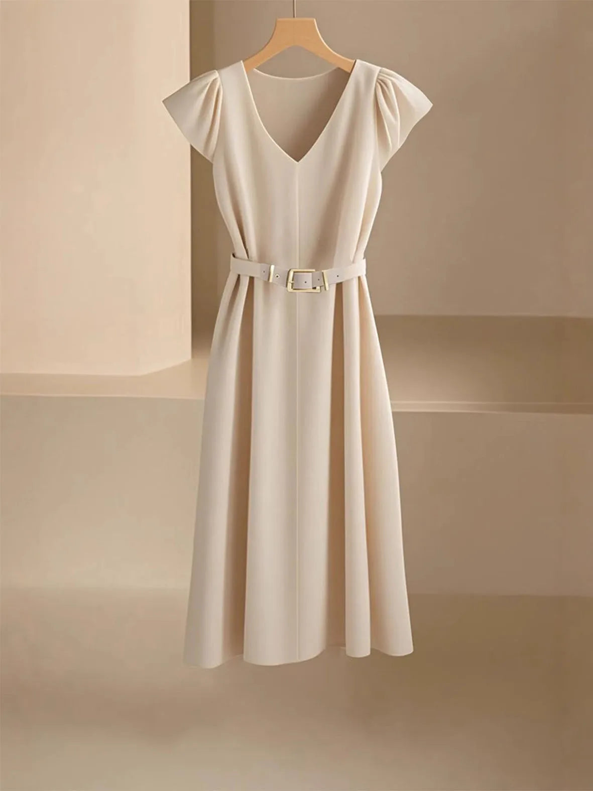 2024 Spring Summer Women's V-Neck Midi Dress Soft Stretch Office Casual Chic Solid Color No Belt Included