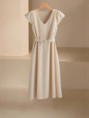 2024 Spring Summer Women's V-Neck Midi Dress Soft Stretch Office Casual Chic Solid Color No Belt Included
