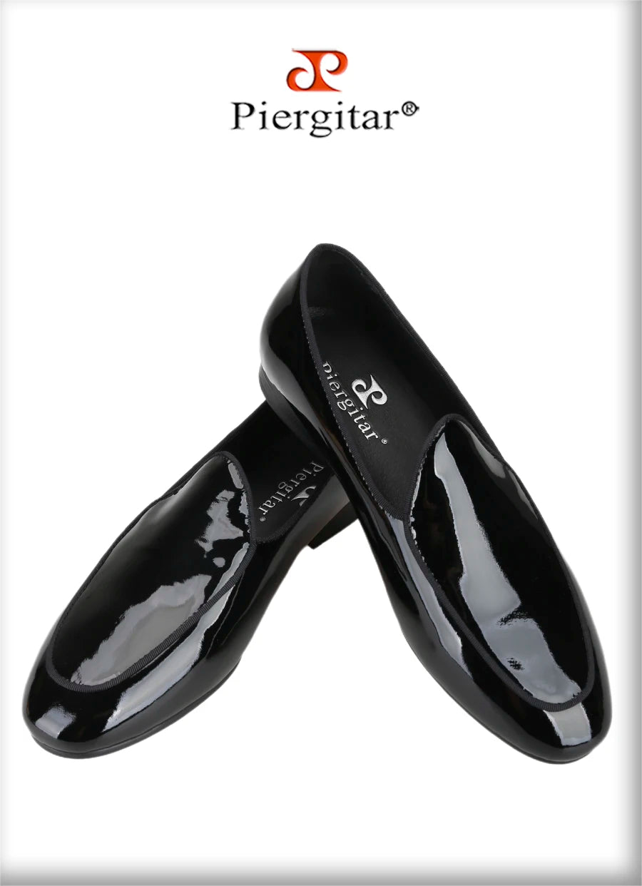 Piergitar Classic Style Black Patent Leather Slip-On Loafers For Party And Wedding Handmade Men's Dress Shoes Luxury Red Bottom