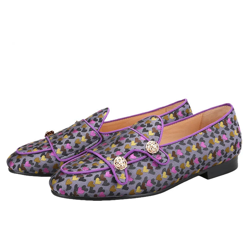 Men's slip-on monk shoes with gold buttons and a violet color silk heart jacquard, made by hand.