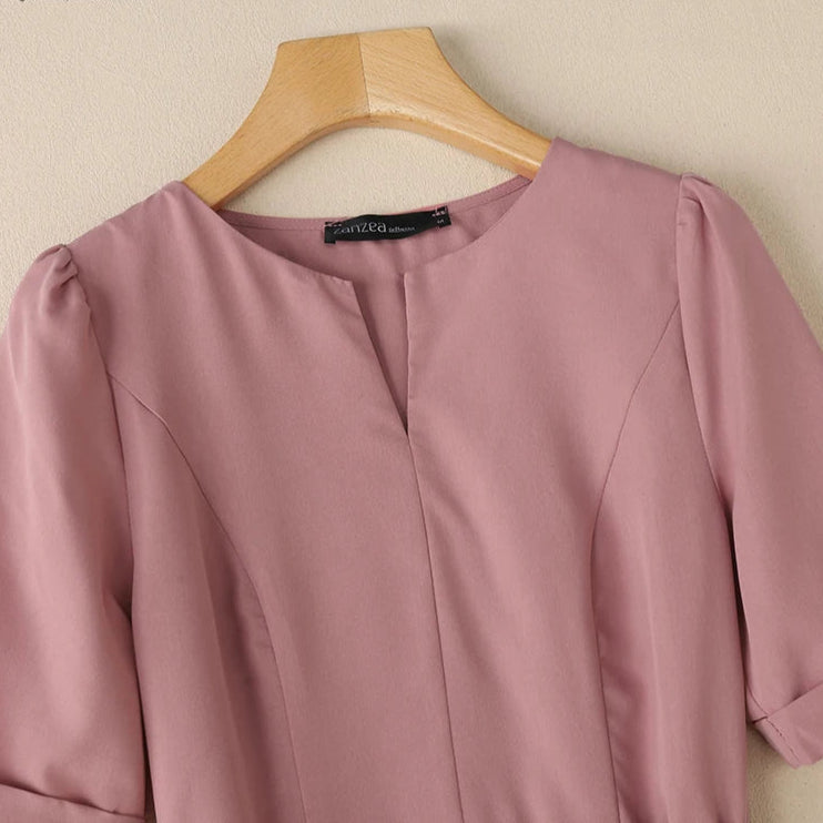 Summer Dress Women V-neck Short Sleeve Solid Pleated