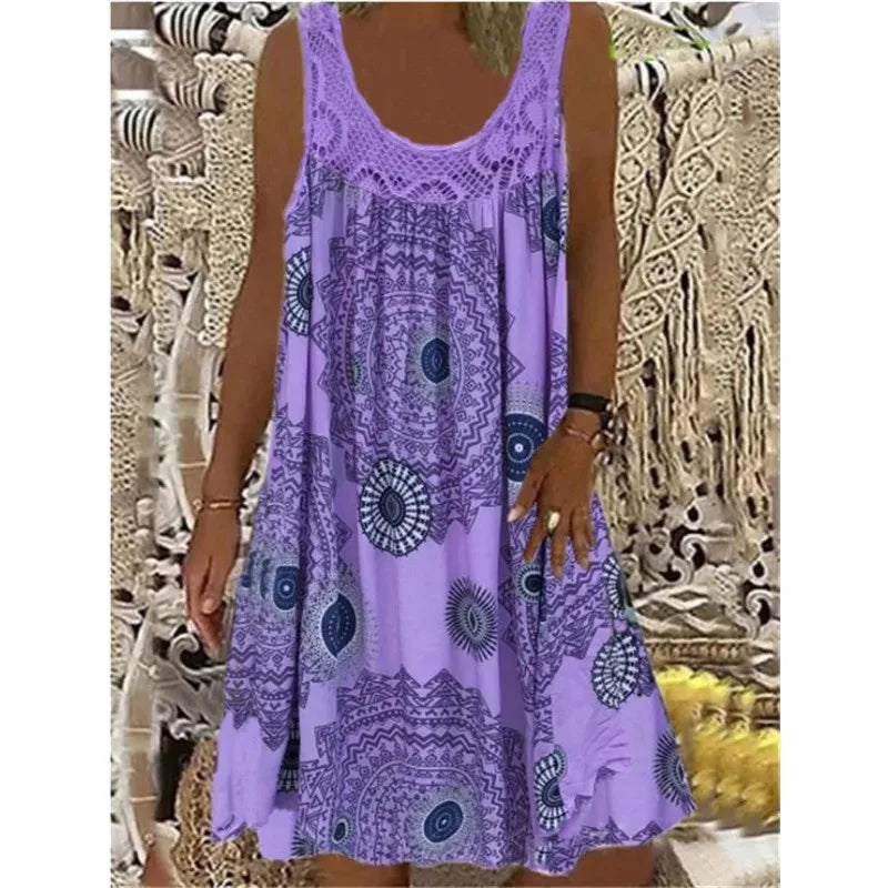 Digital printed off shoulder sexy camisole loose fitting dress lace casual dress  summer dress