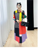 Miyake Women's Color Matching Dress, Autumn and Winter New Fashion Print Pleats, Medium Length, Loose Length Skirt