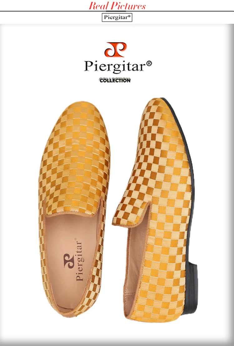 Piergitar 2022 Four Colors Checkerboard Print Silk Handmade Men's Loafers Classic British Style Man Smoking Slippers For Party