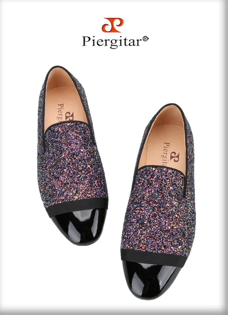 Piergitar Flash Purple Sequined Canvas Slippers With Patent Leather Toes Handmade Men Moccasins For Party And Wedding Plus Size