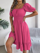 2024 New Fashion Solid Puff Sleeve Square Neck Ruched Bust Ruffle Hem Wasit Dress, Women's Clothing