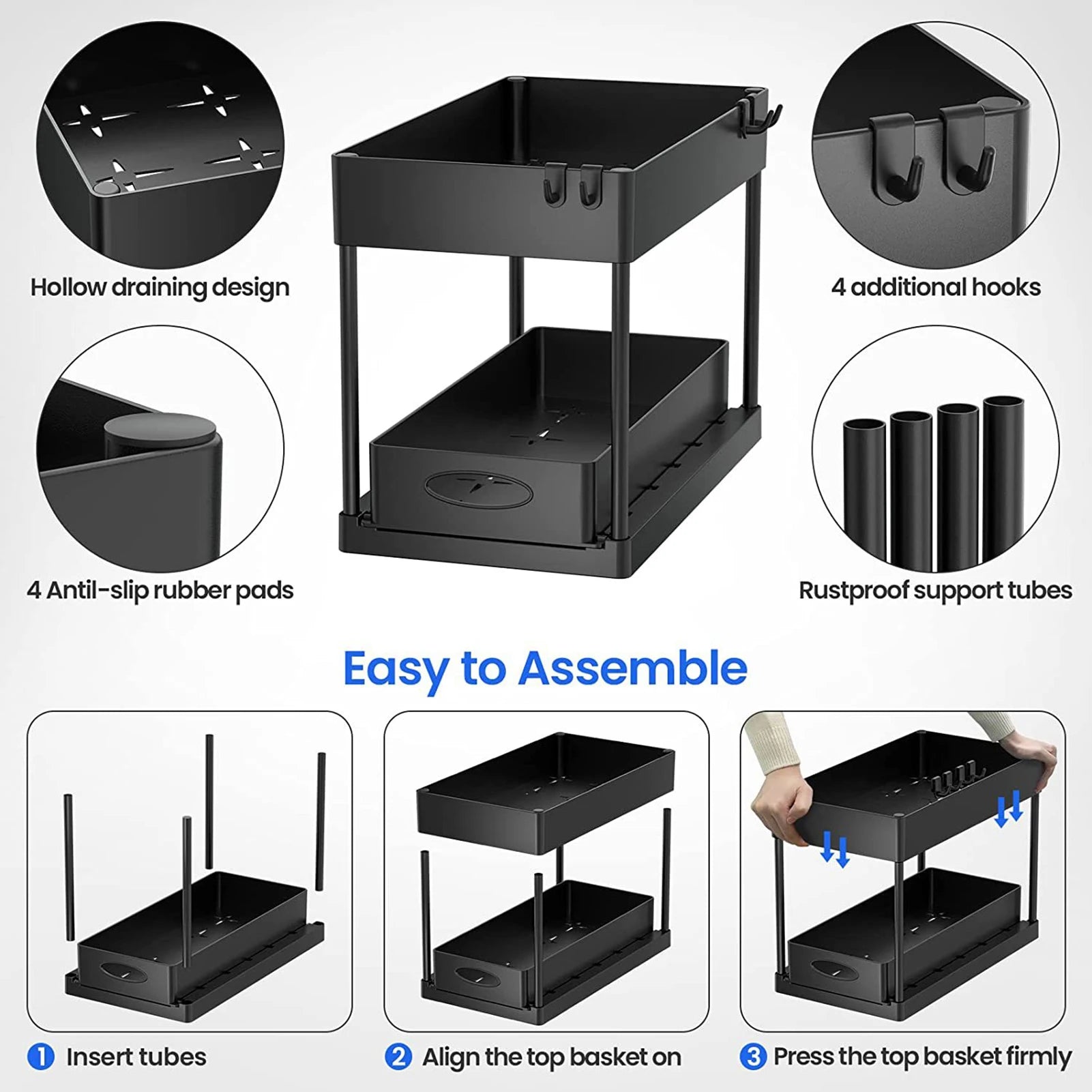 BathroomUnder Sink Sliding Drawers Shelves Black Cabinet Rack
