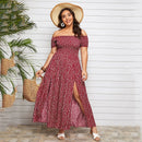 Plus Size Summer Dresses with Slash Necks, Shirred Bodice and Split Thigh Floral Dresses