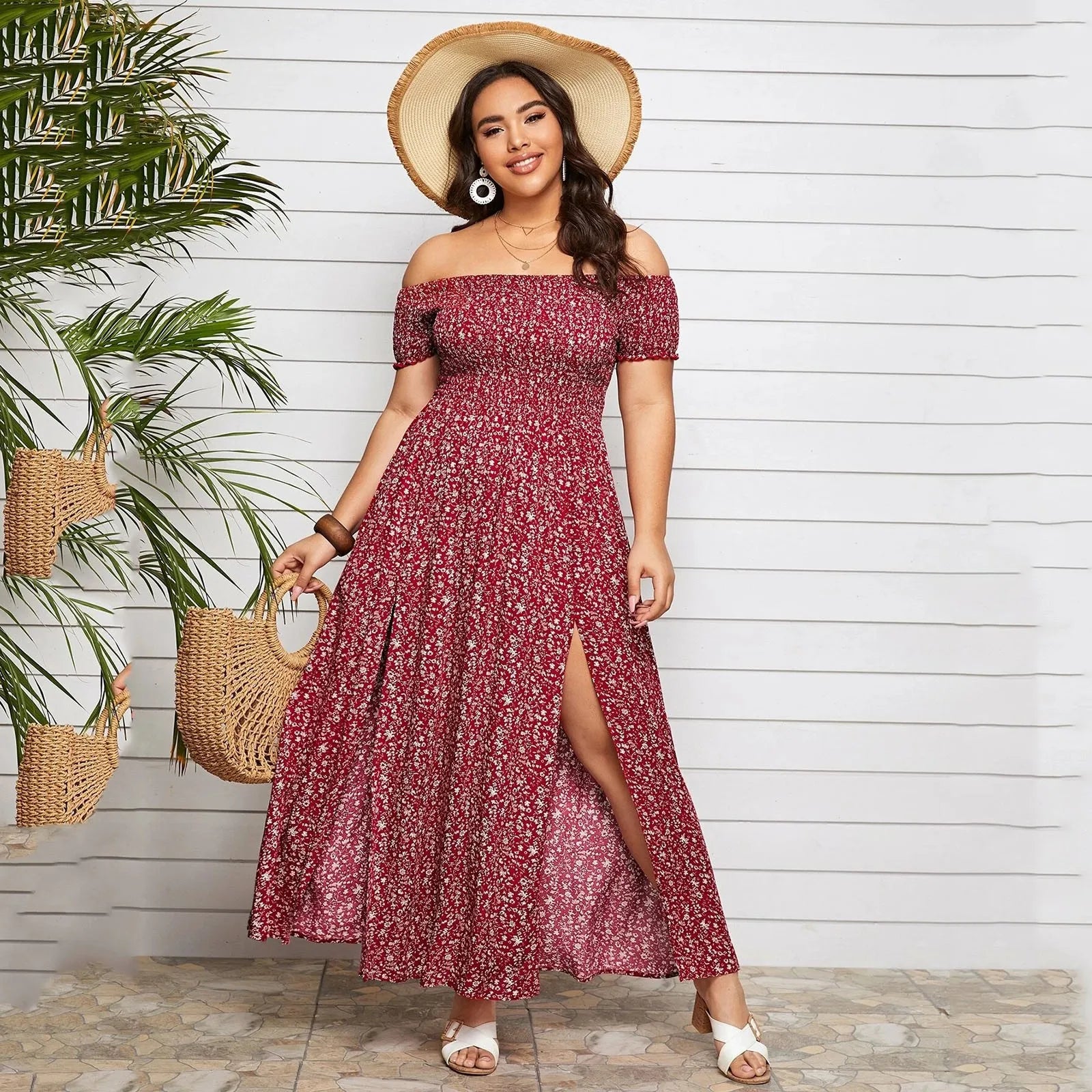 Plus Size Summer Dresses with Slash Necks, Shirred Bodice and Split Thigh Floral Dresses