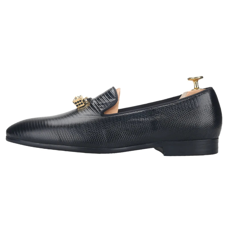 Piergitar Black Lizard Embossed Leather Men Loafers With Gold Titanium Steel Dice Buckle Tassels GZ Same Design Slip-On Moccasin