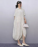 New 2025 Summer Woman Short-Sleeve Black Striped Shirt Dress Loose Fit Chic Big Size Casual Holiday Irregular Large Robe JKXD017
