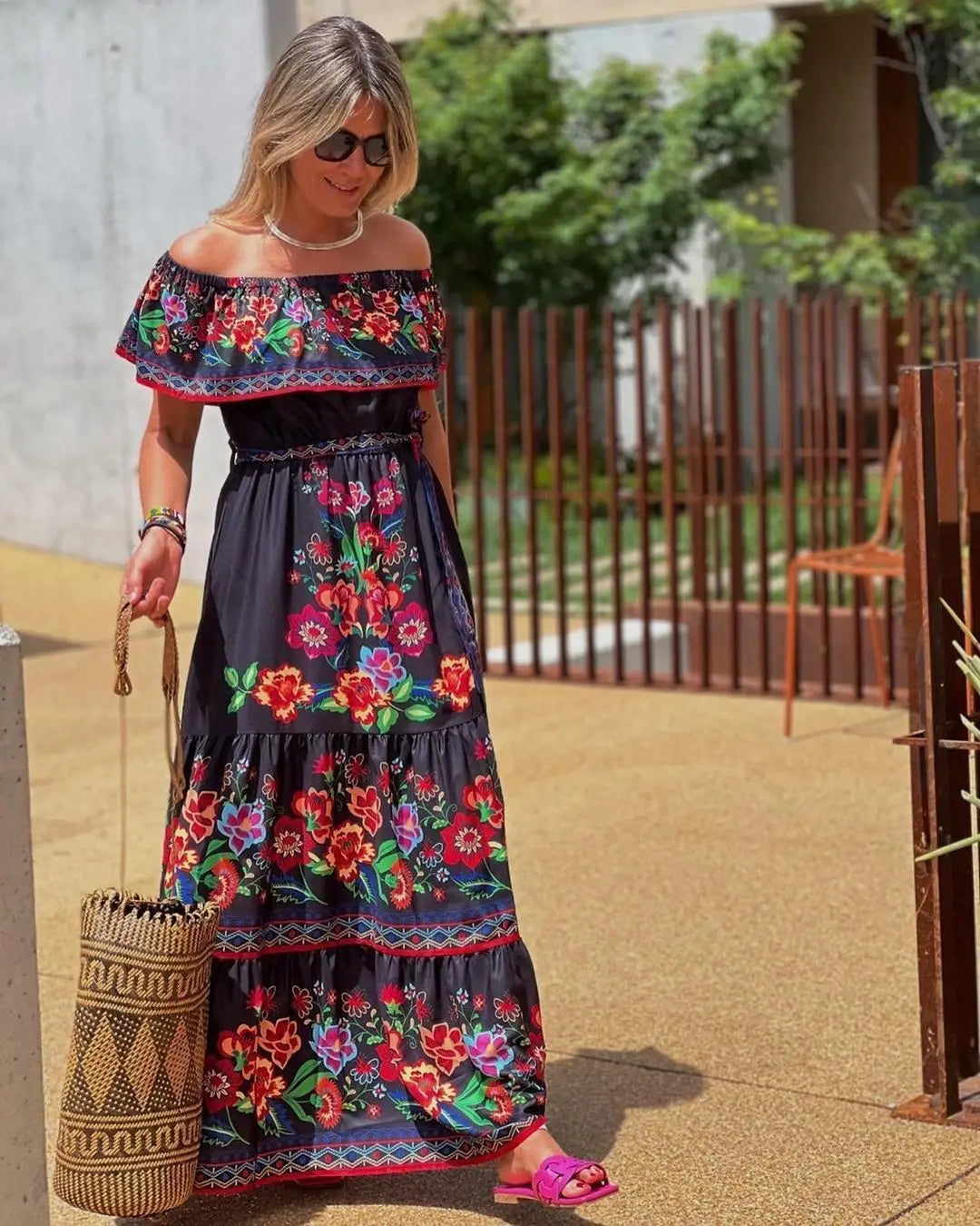 2024 Spring/Summer New Women Retro Fashion One Shoulder Red Flower Printed Waist Collection Long Style Large Swing Casual Dress