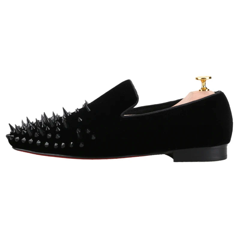 Piergitar 2023 Handmade Spikes Black Velvet Men's Loafers Italian Design Slip-On Red Color Bottom Smoking Slippers Plus Size