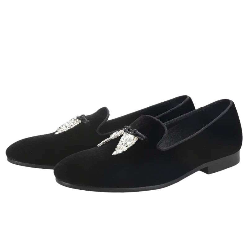 Black Velvet Men's Loafers with Clear Crystal Tassels, Handmade Man Moccasins for Party and Banquet Plus Size