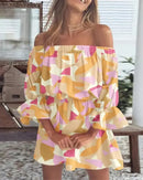 Sexy Slash Neck Long Flare Sleeve Floral Print Mini Dress Summer Women Boho Party Vestidos NMD-6650