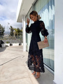 Spring New French Lace Standing Neck Bubble Sleeves Wrapped Waist for Slimming Dress, Elegant European and American Long Dress