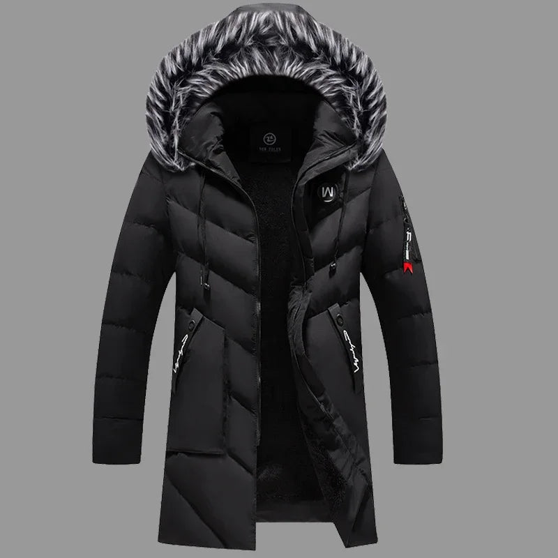 Male Solid Cotton Outwear Coats Men's Thick Fleece Winter Jacket Fashion Fur Hooded