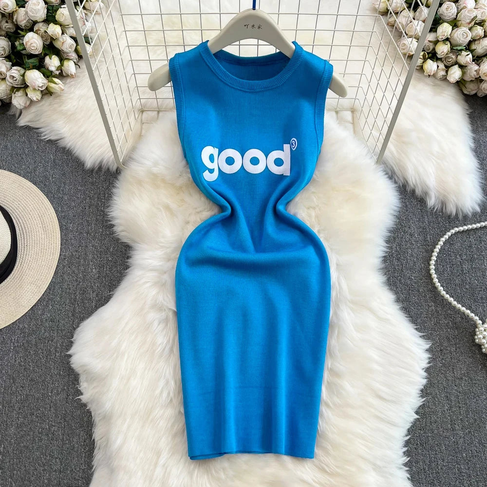 Fashion Y2K Letters Knitted Women Dress Sexy Tank Sleeveless Slim Elastic Bodycon Summer Dress Streetwear Vestidos
