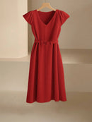 2024 Spring Summer Women's V-Neck Midi Dress Soft Stretch Office Casual Chic Solid Color No Belt Included