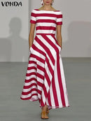 Stripe Maxi Dress VONDA Women Sexy Off Shoulder Printed Sundress 2024 Elegant Casual Loose Short Sleeve Robe Bohemian Vestidos