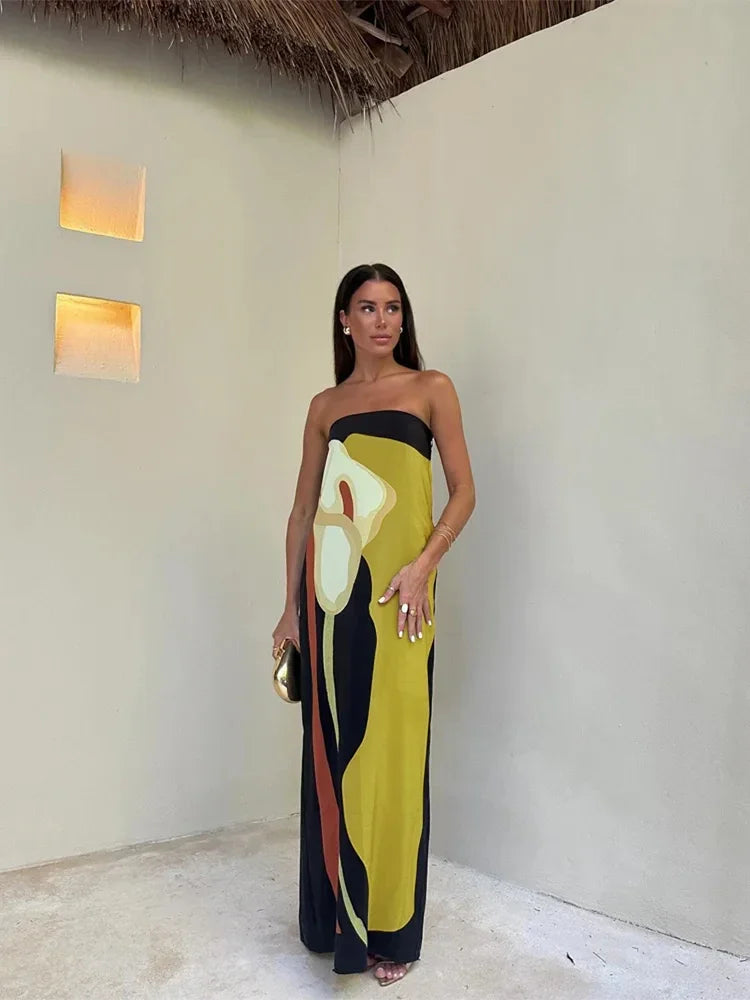 Tube Bodycon Dress Women Elegant Avocado Print Strapless Elegant Maxi Dress Sleeveless Holiday Robes Summer Chic Long Dress