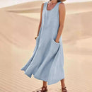Women Linen Sundress Summer Female Sleeveless Double Big Pocket Loose Sand Beachwear Long Dress Oversized
