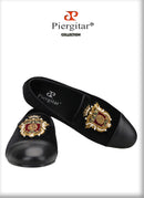 Piergitar 2022 New British Style Retro Embroidered Patch Men's Loafers Handmade Leather Stitching Velvet Moccasins Slip-On Shoes
