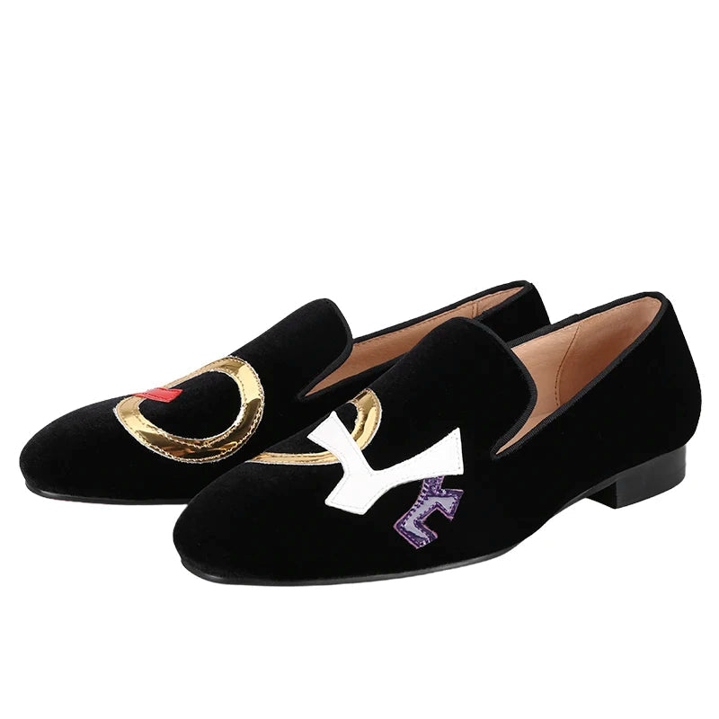 Handmade Black Velvet Shoes Featuring "LOVE", Leather Letters for Fashion Party CL Same Style Men's Loafers