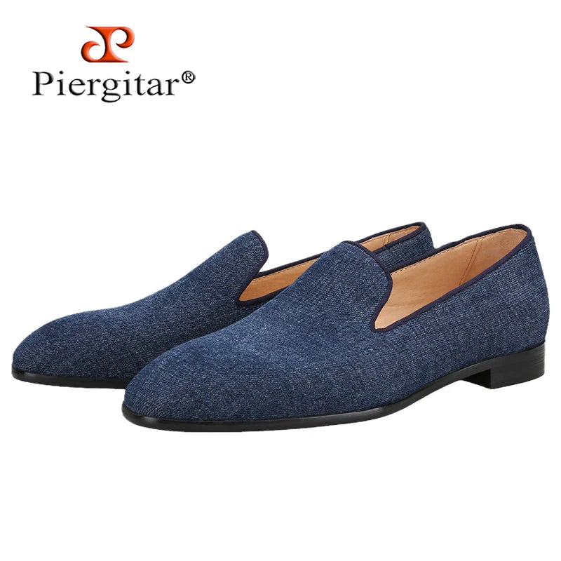 Piergitar 2022 New Summer Style Navy Denim Men's Loafers Red Outsole Man Smoking Slippers Breathable Leather Insole Plus Size