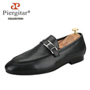 Piergitar Black Napa Calfskin Men Loafers Luxury Brand Same Style Customized Metal Buckles With Letter "H" Formal Leather Shoes