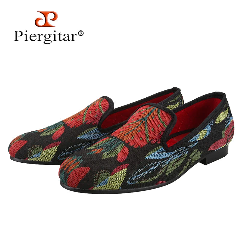 Piergitar 2025 New Mixed Colors Abstract Flowers Tweed Slip-On Loafers British Style Handmade Men's Smoking Slippers Plus Size