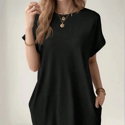 2025 European and American new casual solid color round neck bat sleeve invisible pocket loose short sleeved dress