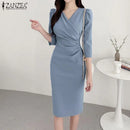 ZANZEA Summer Fashion Womens Dress Sexy Solid Color Knee Length Bodycon Sundress Elegant 3/4 Sleeve V-Neck Work OL Vestidos 2025