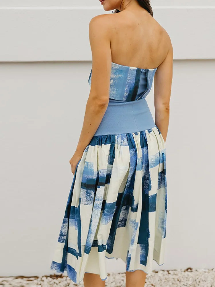 Women's Strapless Open Back Patchwork Long Dress