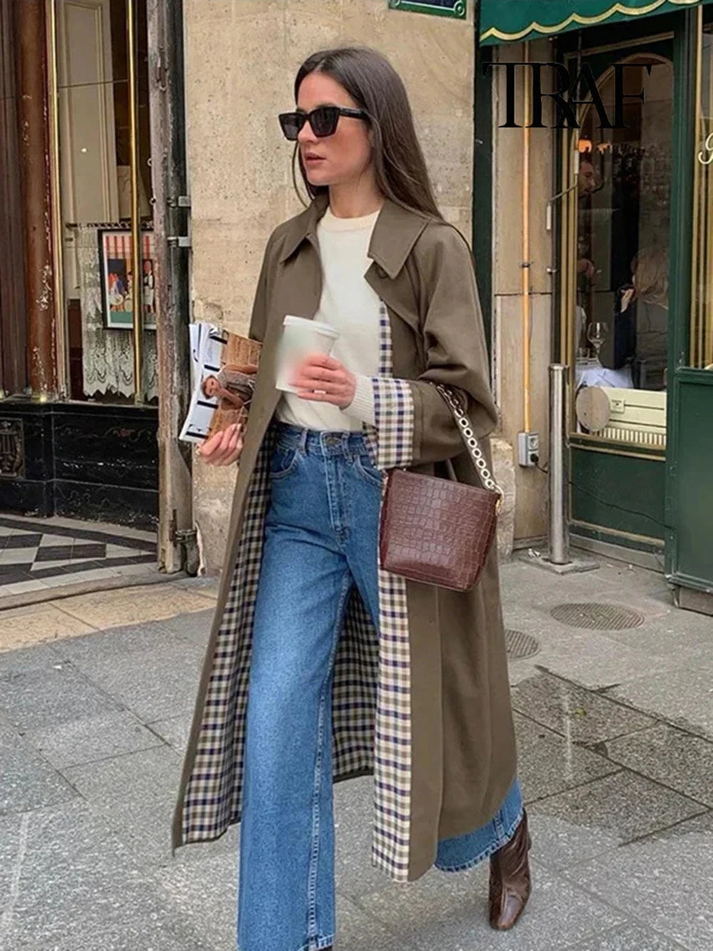TRAF Women's Fashion Long Trench Coat Retro Loose Single-breasted Coat Autumn and Winter Lapel High Street Temperament Coat