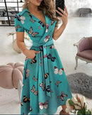 2023 Spring Autumn Dress Women Fashion Solid Slim Pocket Lace Up Dress Women Casual Printed Short Sleeve V-neck High Waist Dress
