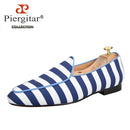 Piergitar 2022 New Arrival Blue And White Stripes Canvas Men Loafers For Party And Prom Handmade Male Slip-On Flats Red Bottom