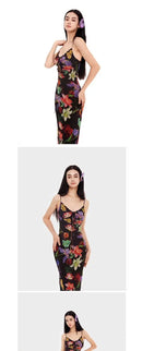 Black Tropical Maxi Dress 2025 Women Sleeveless Bodycon Mesh Dress Jungle Print Backless Evening Dress Dark Flora Aesthetic
