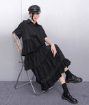 Ruffle Decoration New 2025 Summer Korean Style Woman Black Shirt Dress Loose Fit Chic Big Size Casual Holiday Dress Robe JKXD002