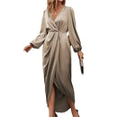 Women's 2025 new long dress; elegant round-neck silk satin long sleeves; midi dress for ladies; sexy dress; street fashionbe.
