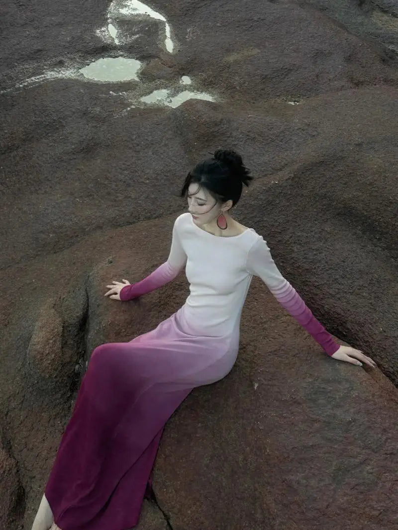 Tie-Dye Gradient Spring/Autumn Dress with Exquisite Back Cutout and Elegant Long Skirt