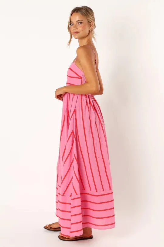 Spring And Summer Striped Vest Backless Large Swing New Dress For Women, Collarless And Sleeveless Oversized Swing Dress