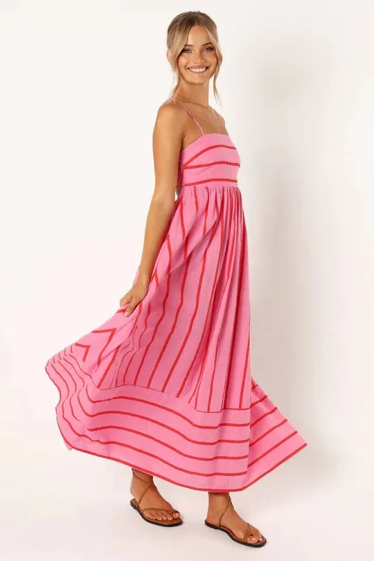 Spring And Summer Striped Vest Backless Large Swing New Dress For Women, Collarless And Sleeveless Oversized Swing Dress