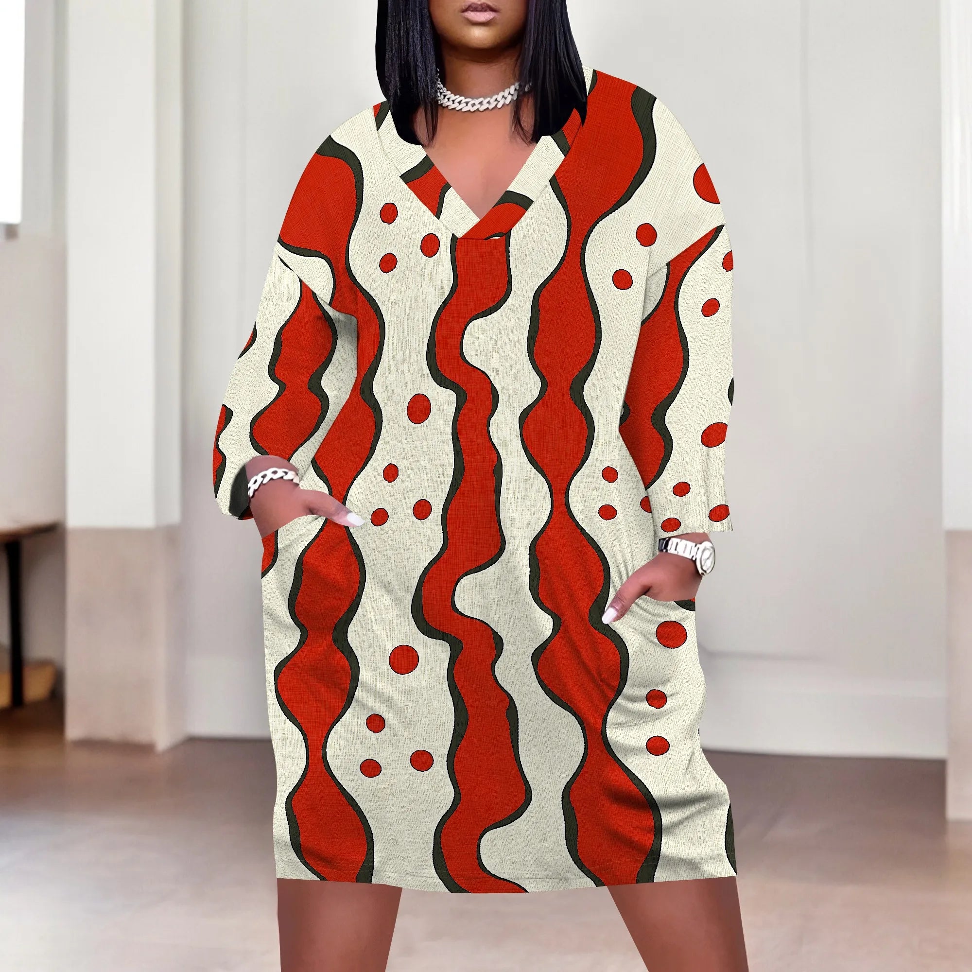 Plus Size Women's Abstract Print Dress XL-6XL, V-Neck Casual Dress for Fun and Bold Look